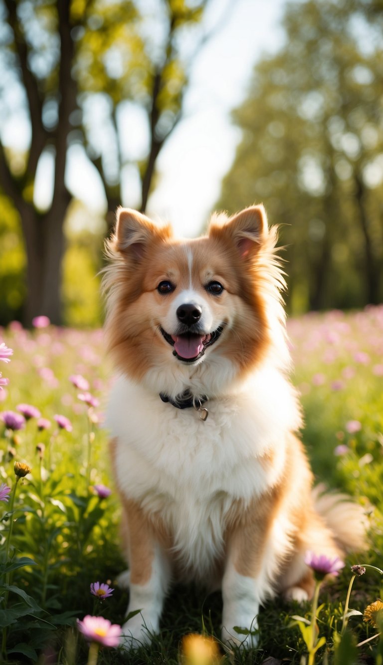 A fluffy dog sits in a field of flowers, looking directly at the camera with a playful expression. The sunlight filters through the trees, creating a warm and inviting atmosphere
