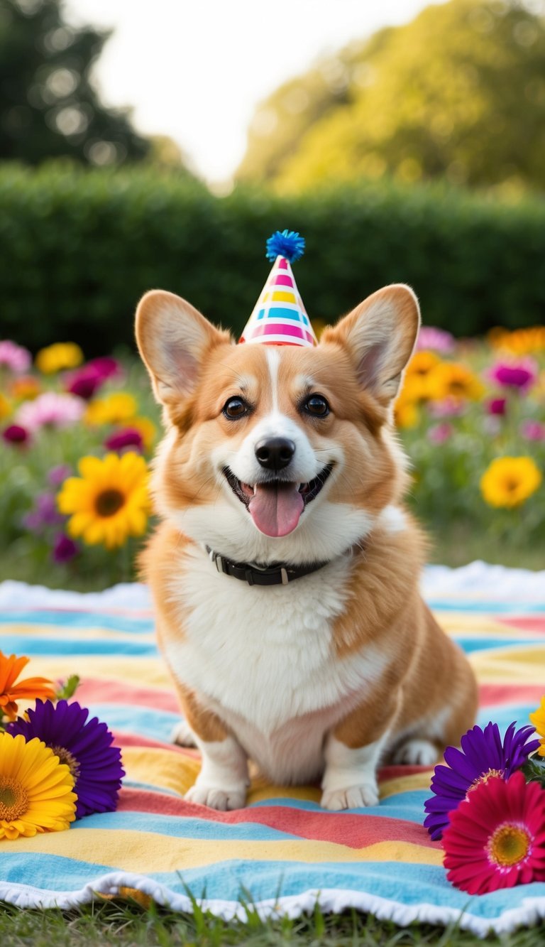 A fluffy corgi sits on a picnic blanket surrounded by colorful flowers, wearing a tiny party hat and holding a balloon in its mouth