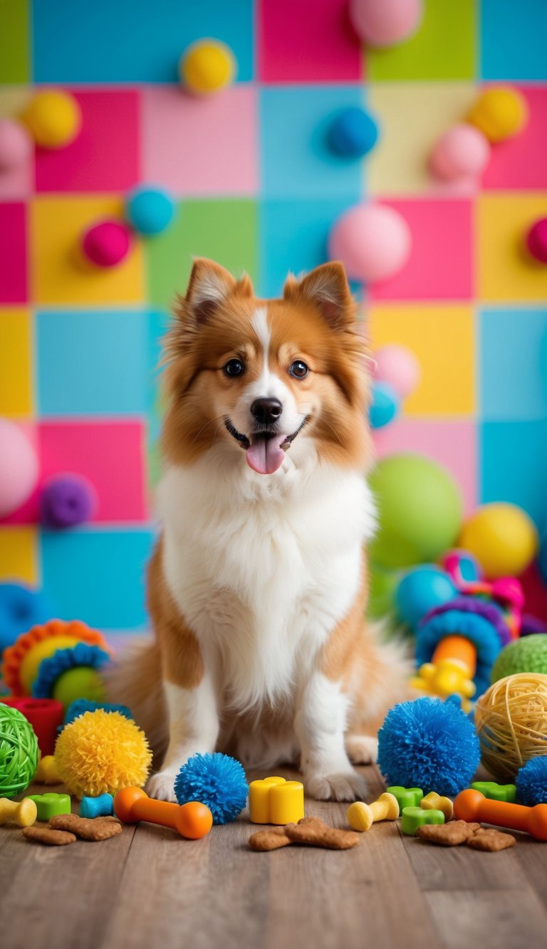 A fluffy dog surrounded by toys and treats, posing for a photo with a colorful backdrop