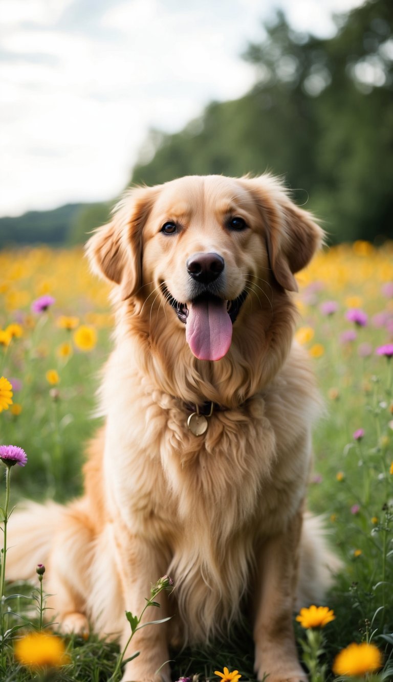 A fluffy golden retriever sits in a field of wildflowers, its tongue lolling out happily as it gazes at the camera