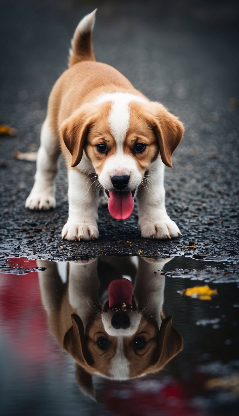 A playful puppy gazes at its reflection in a puddle, tongue lolling out, capturing a cute and endearing moment
