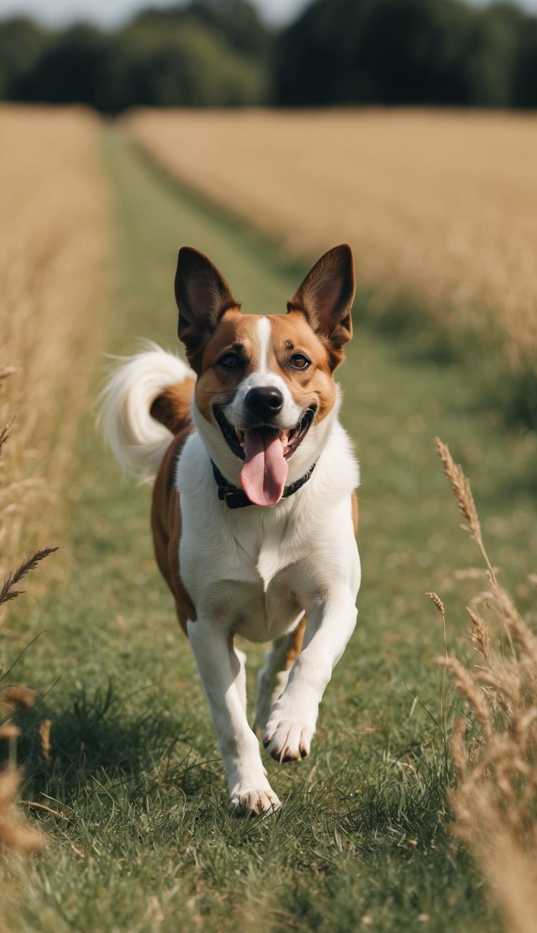 A happy dog running through a field, tongue out, ears flapping, and tail wagging