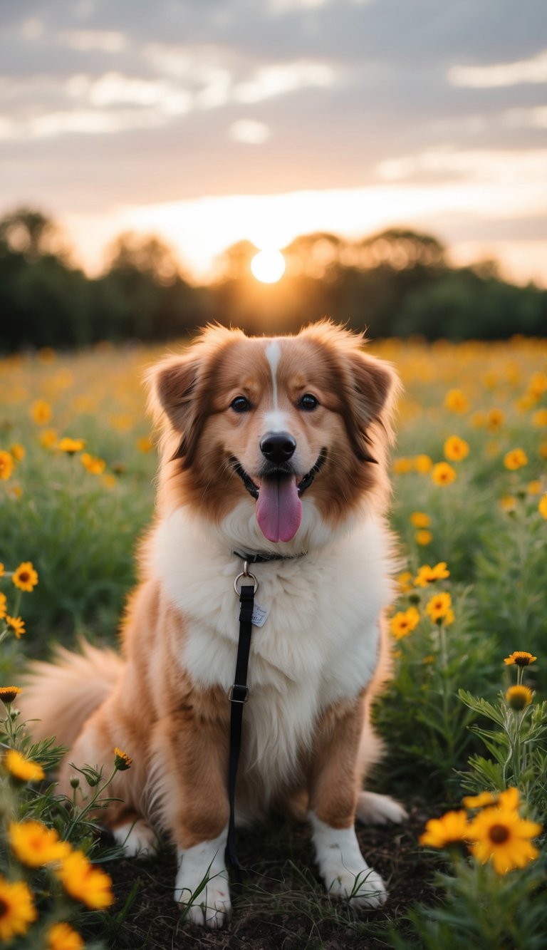 A fluffy dog sits in a field of wildflowers, its tongue hanging out as it looks directly at the camera. The sun is setting, casting a warm glow over the scene
