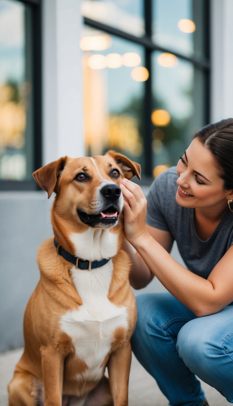 A dog sitting next to its owner, looking up with adoring eyes as the human pets its head