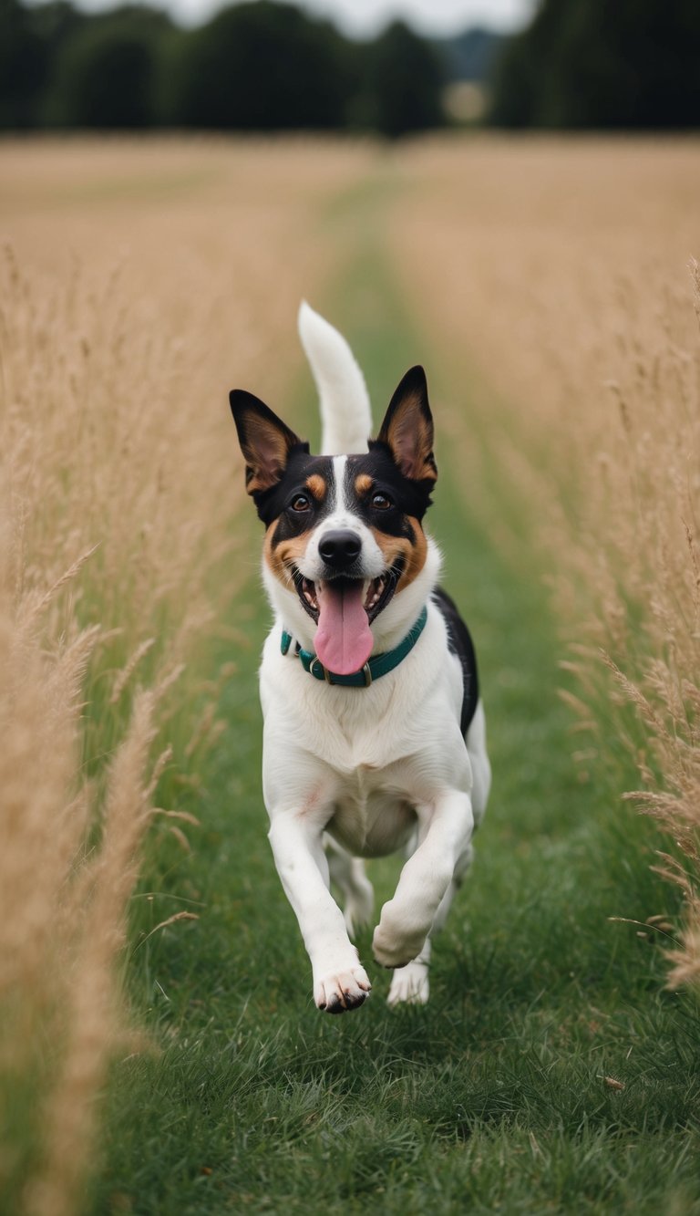 A playful dog running through a field of tall grass, tongue out, ears flapping, capturing the joy of a carefree moment