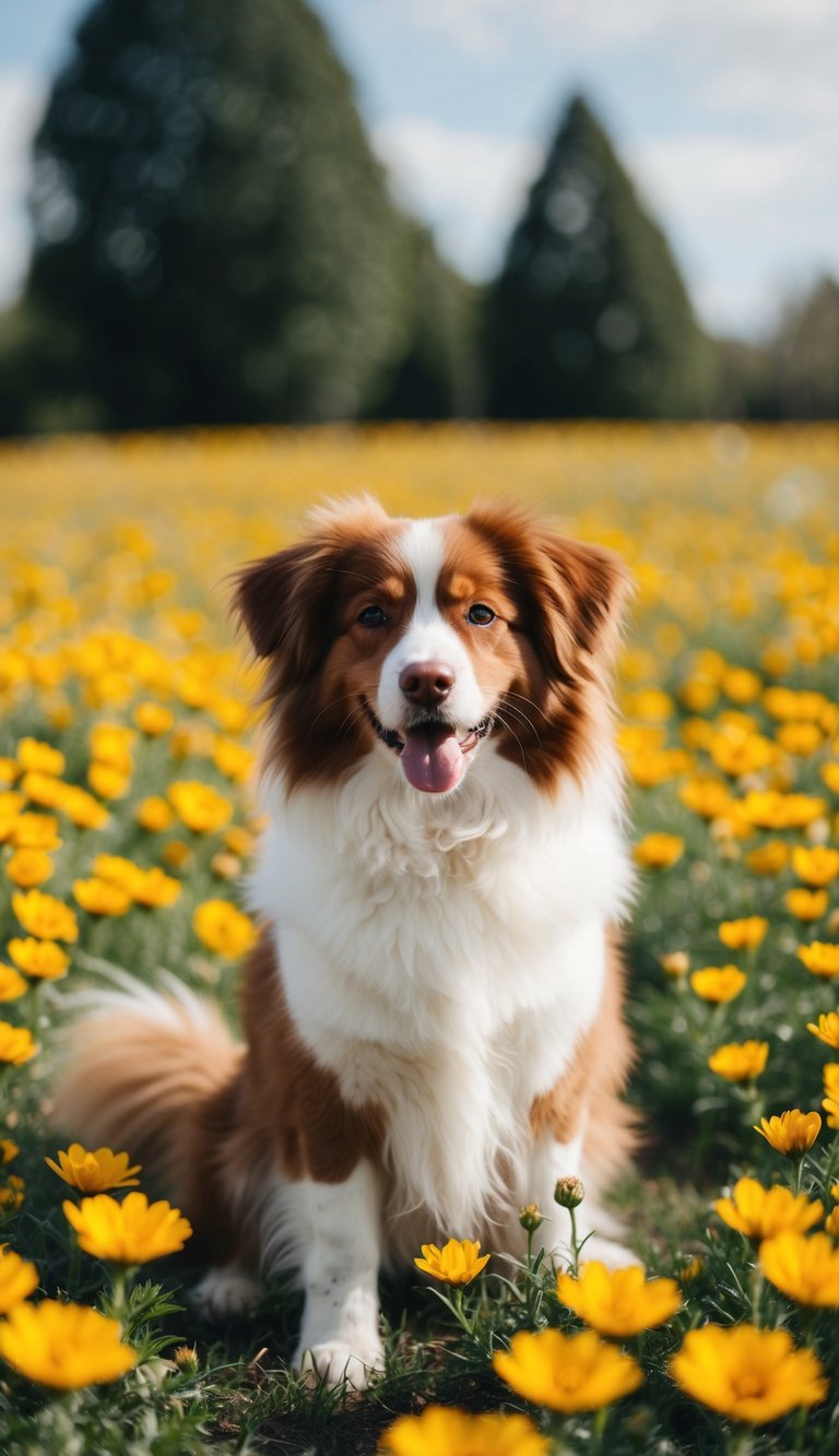 A fluffy brown and white dog sits in a field of bright yellow flowers, with the background blurred to create a shallow depth of field