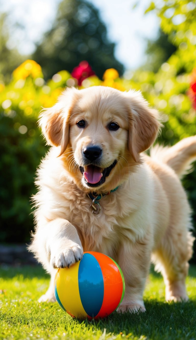 A fluffy golden retriever puppy playing with a colorful ball in a sunlit garden