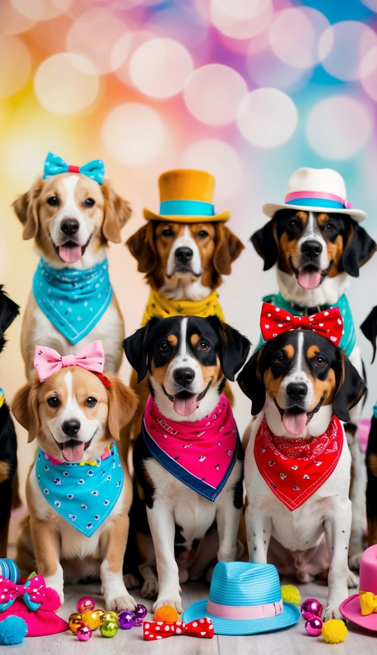 A group of playful dogs wearing colorful bandanas, surrounded by various cute accessories like bows, hats, and collars