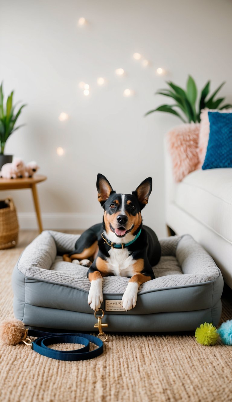 A pampered dog lounges on a plush orthopedic bed surrounded by cute accessories like toys and a stylish leash