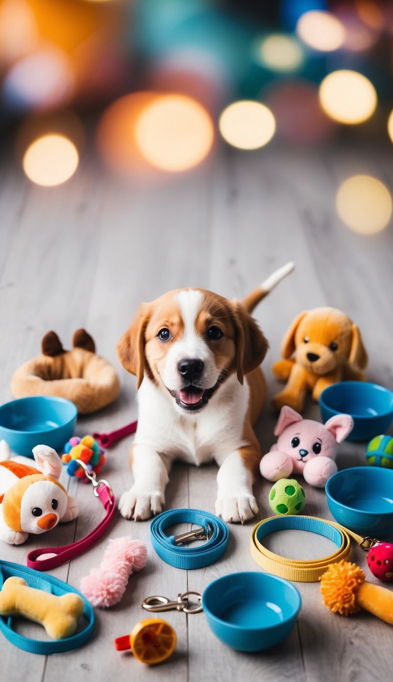 A playful puppy surrounded by various cute accessories, such as toys, leashes, and bowls, with a plush toy at the center