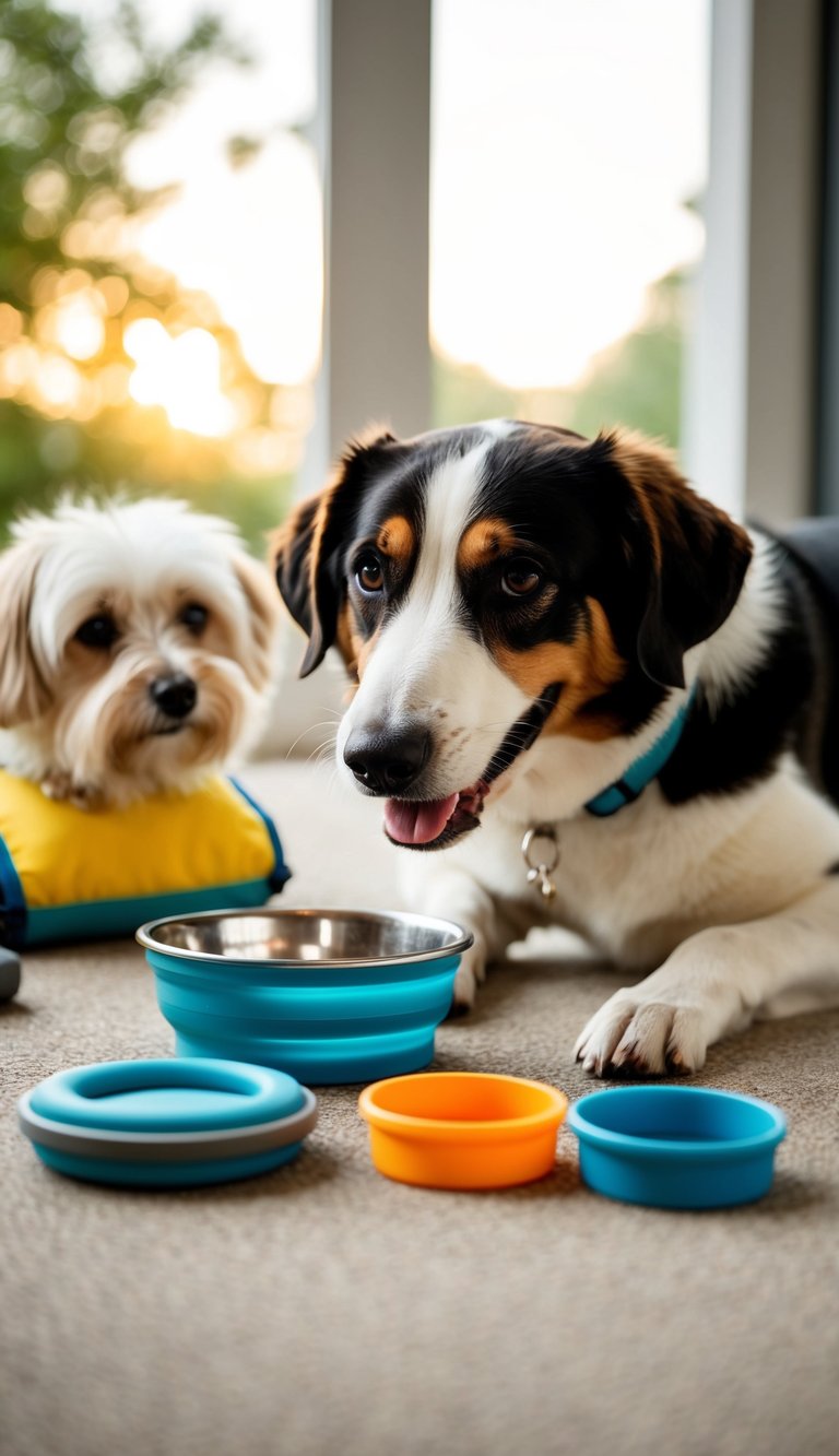 A happy dog drinking from a foldable travel bowl while surrounded by other cute dog accessories