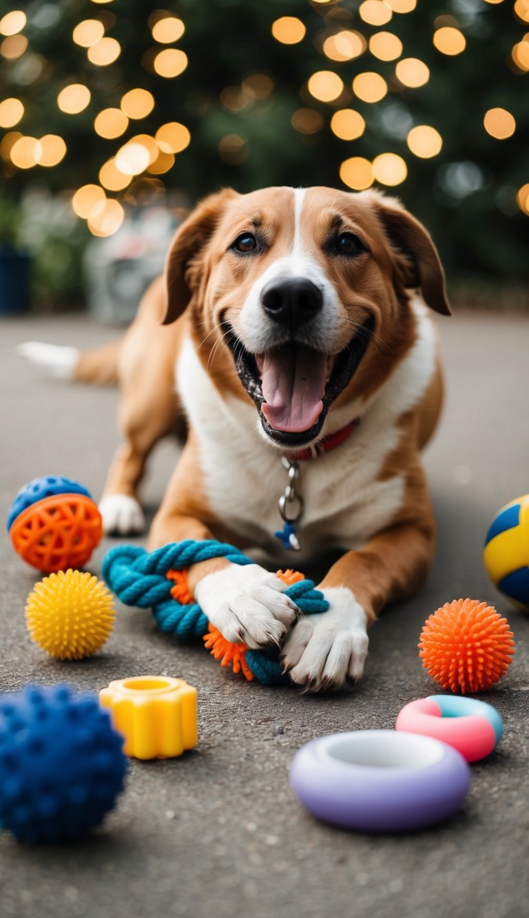 A happy dog playing with a durable tug toy, surrounded by cute dog accessories