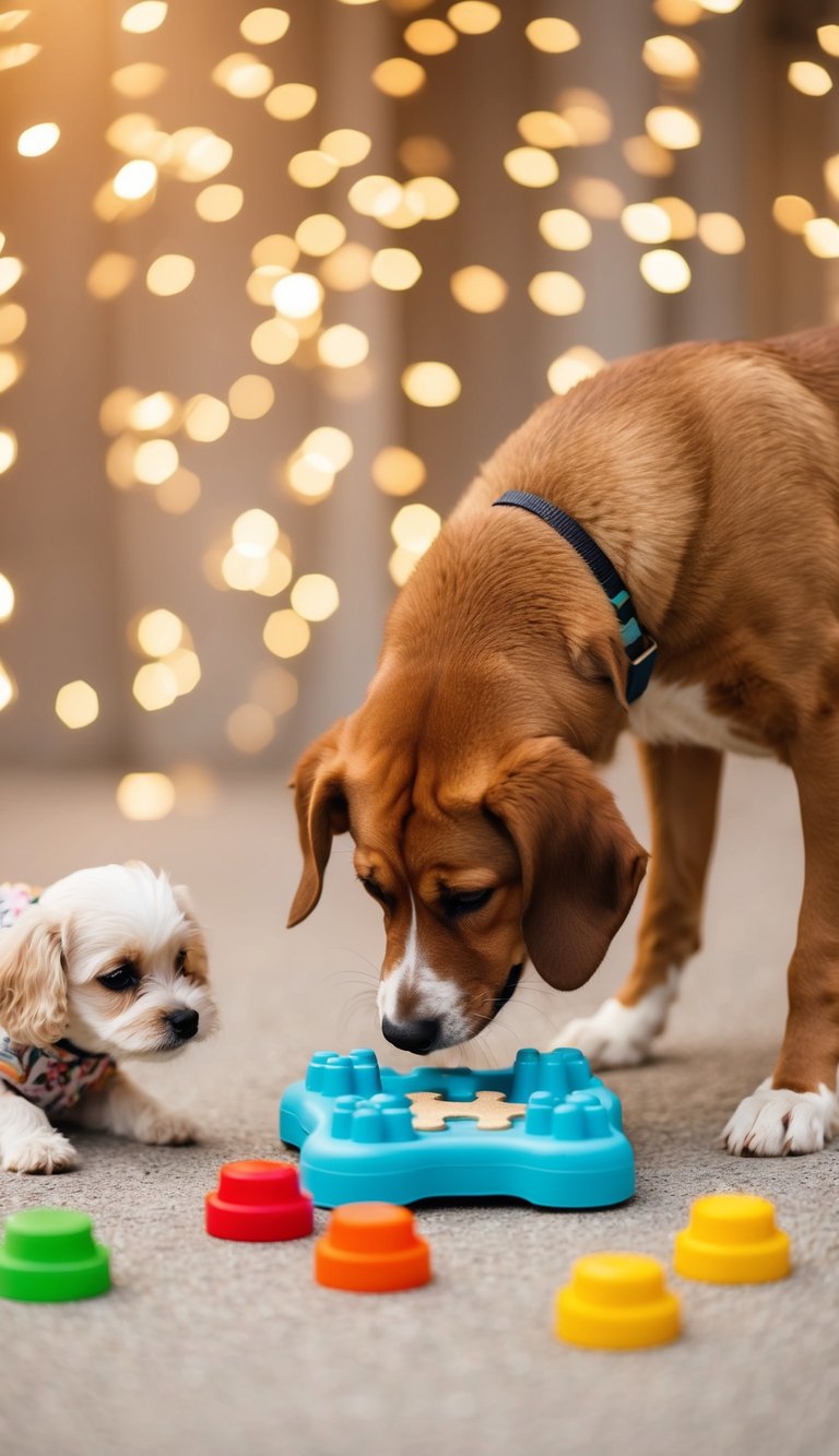 A playful dog interacts with a treat puzzle surrounded by cute dog accessories