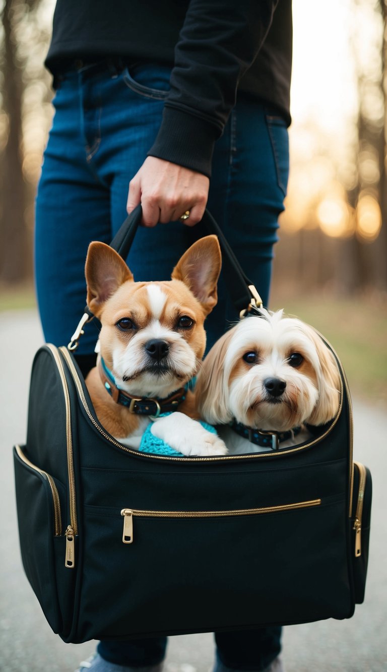 A stylish carrying bag filled with cute dog accessories