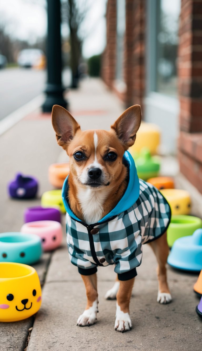 A small dog wearing a plaid raincoat stands on a sidewalk, surrounded by various cute accessories for pets