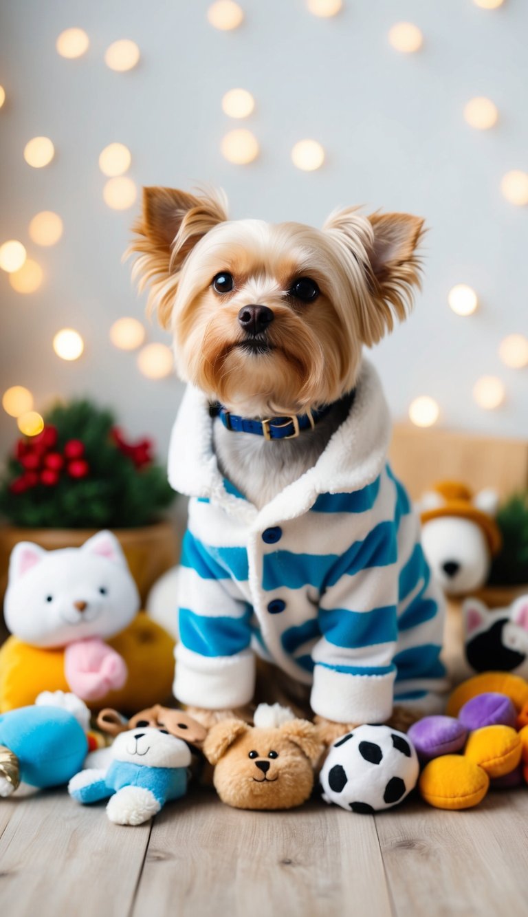 A small dog wearing cozy pajamas, surrounded by a collection of adorable pet accessories
