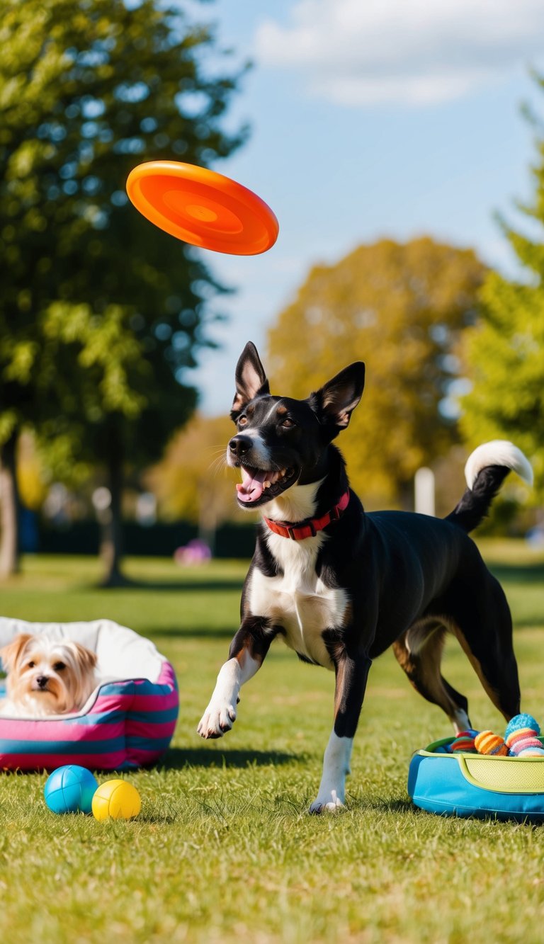A playful dog eagerly catches a chew-resistant frisbee in a sunny park, surrounded by other cute dog accessories like a cozy bed and colorful toys