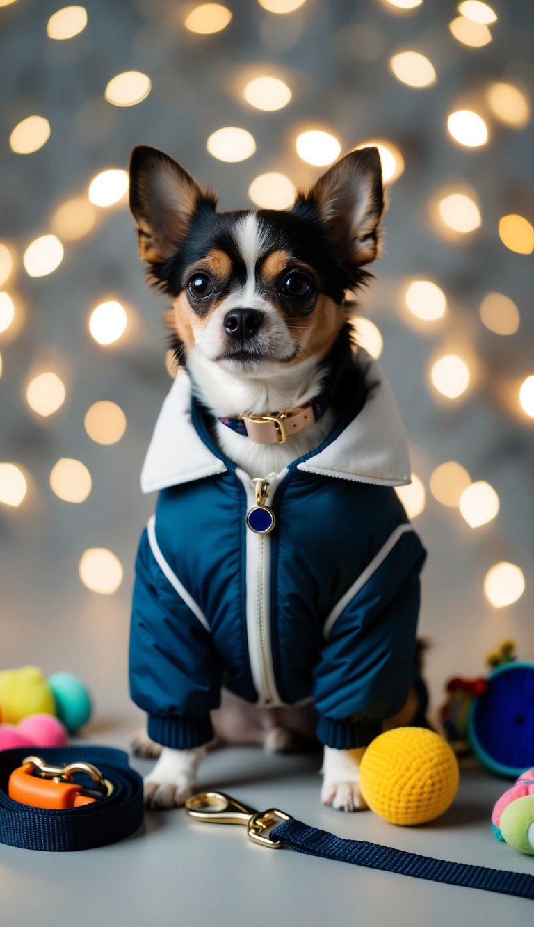 A small dog wearing a reversible jacket, surrounded by various cute accessories like a collar, leash, and toys