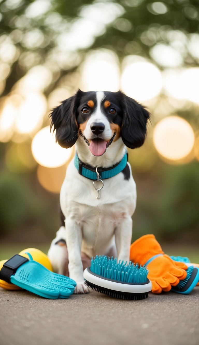 A dog wearing a grooming glove brush while surrounded by other cute dog accessories