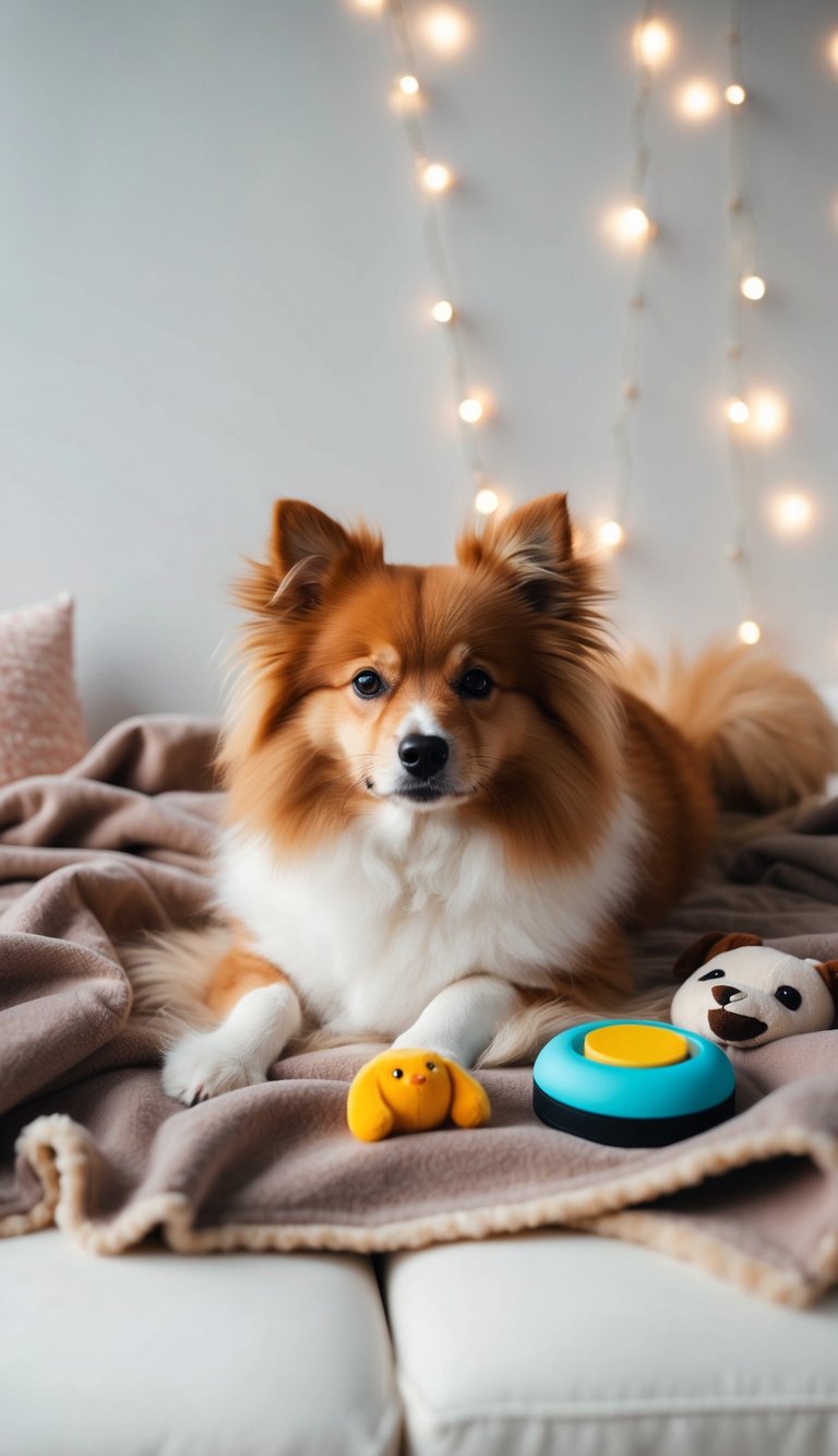 A fluffy dog rests on a cozy fleece blanket surrounded by cute dog accessories