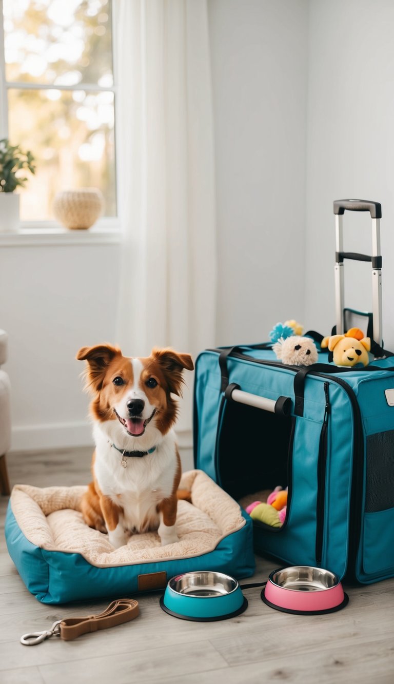 A happy dog sits next to a collapsible crate filled with cute accessories for travel. Items include a cozy bed, food and water bowls, toys, and a leash