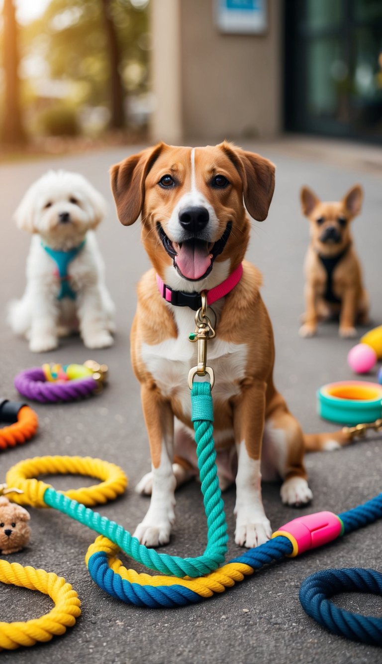 A happy dog wearing a colorful nylon rope leash, surrounded by various cute dog accessories