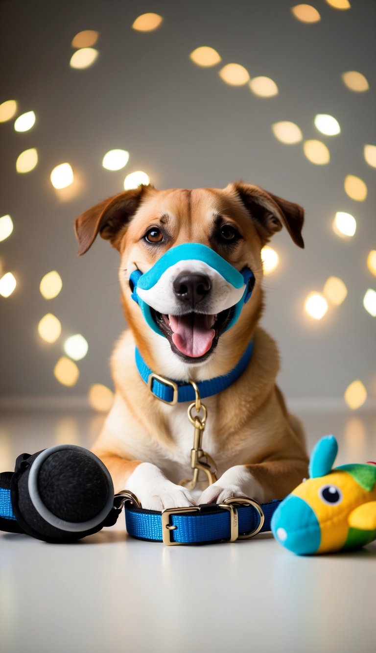 A happy dog wearing a soft muzzle, surrounded by other cute accessories like a collar, leash, and toy
