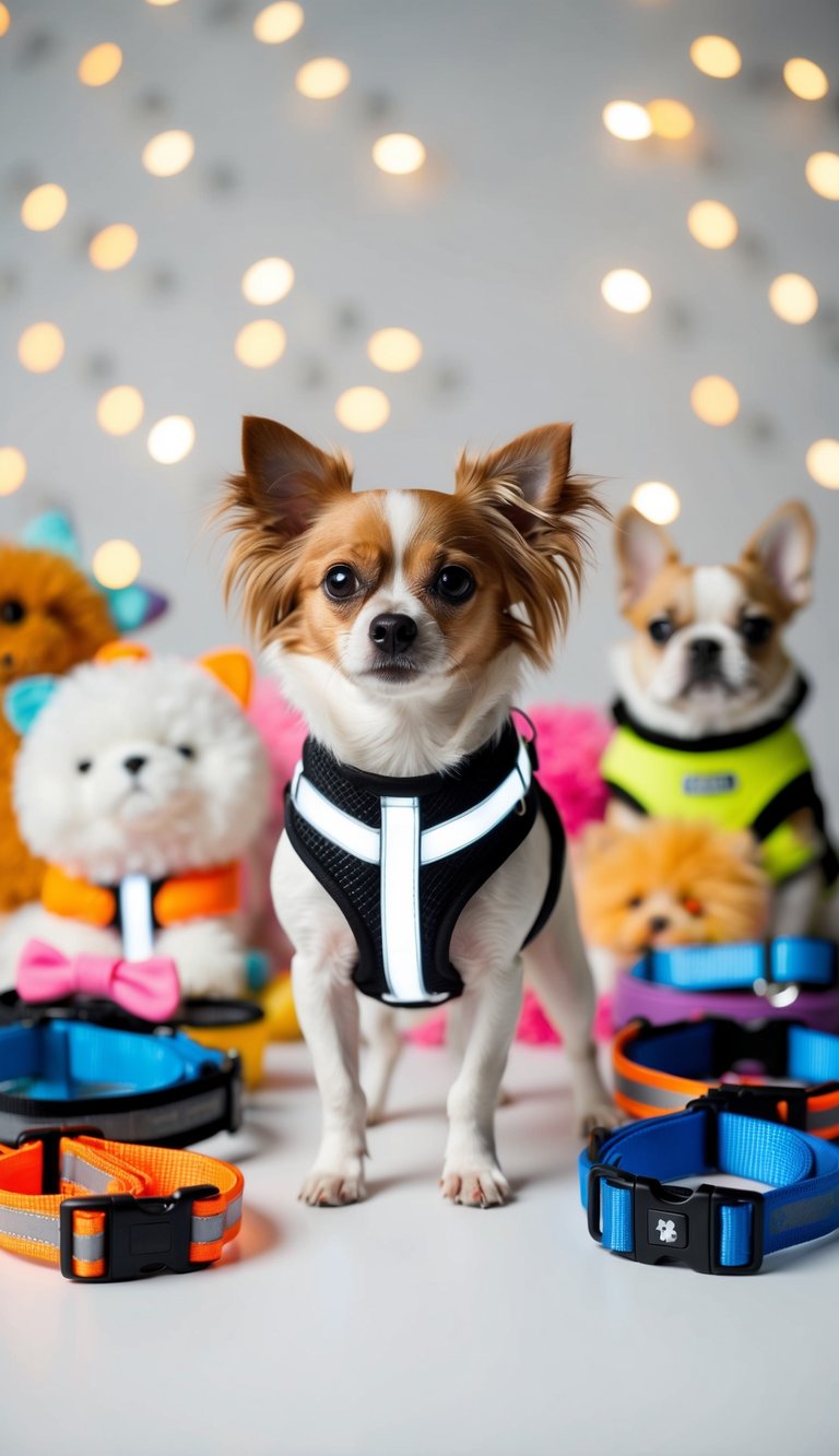 A small dog wearing a reflective harness vest stands proudly, surrounded by an array of cute accessories for pets