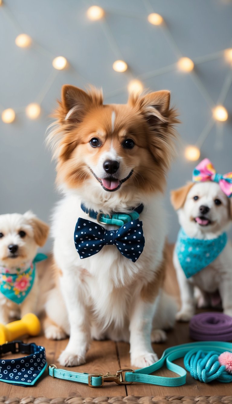 A fluffy dog wearing a stylish bow tie collar, surrounded by other cute dog accessories like bandanas, toys, and leashes