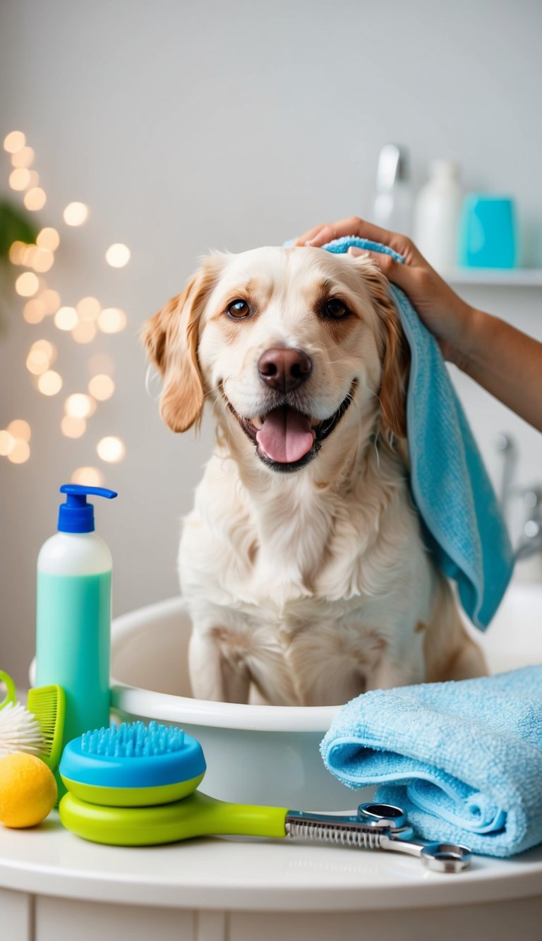A happy dog being bathed with dog-friendly shampoo, surrounded by grooming tools and a fluffy towel