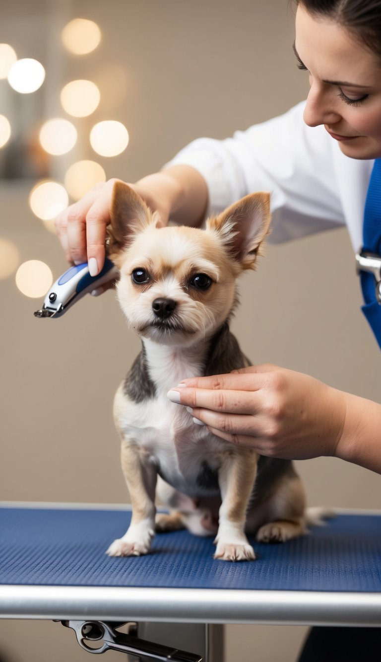 A small dog sits on a grooming table, while a person carefully trims its nails with a pair of clippers. The dog looks calm and content