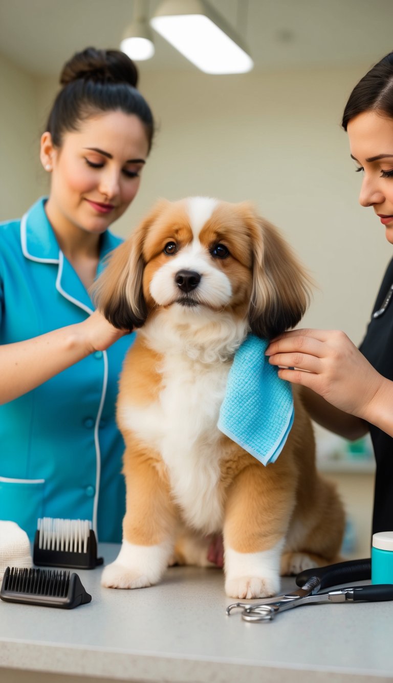 A fluffy dog sits calmly as its ear flaps are gently cleaned with a soft cloth, surrounded by grooming tools and a caring groomer