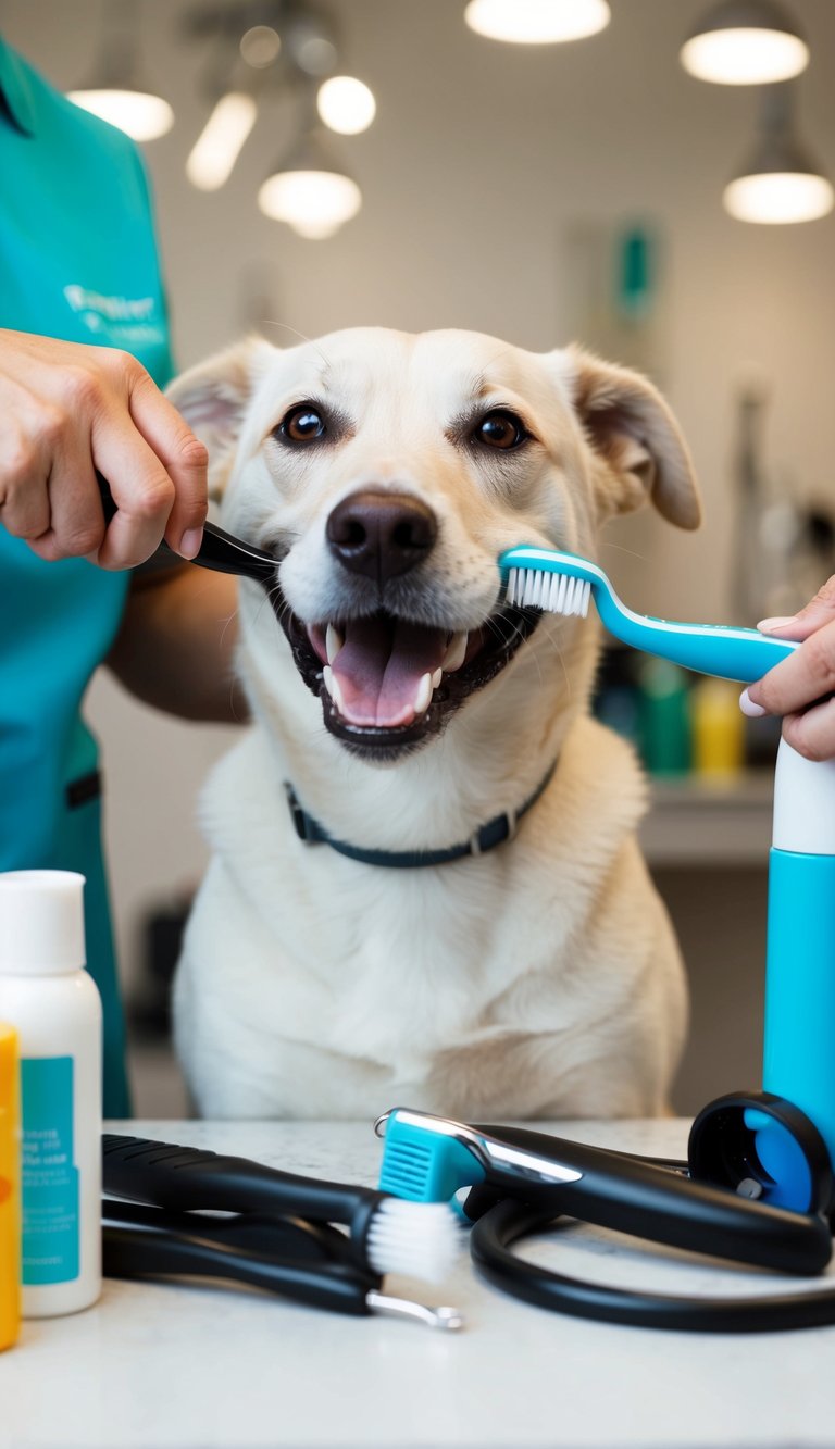 A smiling dog getting its teeth brushed while surrounded by grooming tools and products