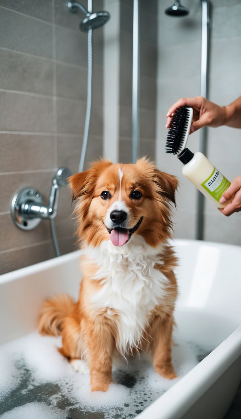 A fluffy dog sitting in a bathtub, with bubbles and a shower head nearby. A person holding a brush and shampoo bottle