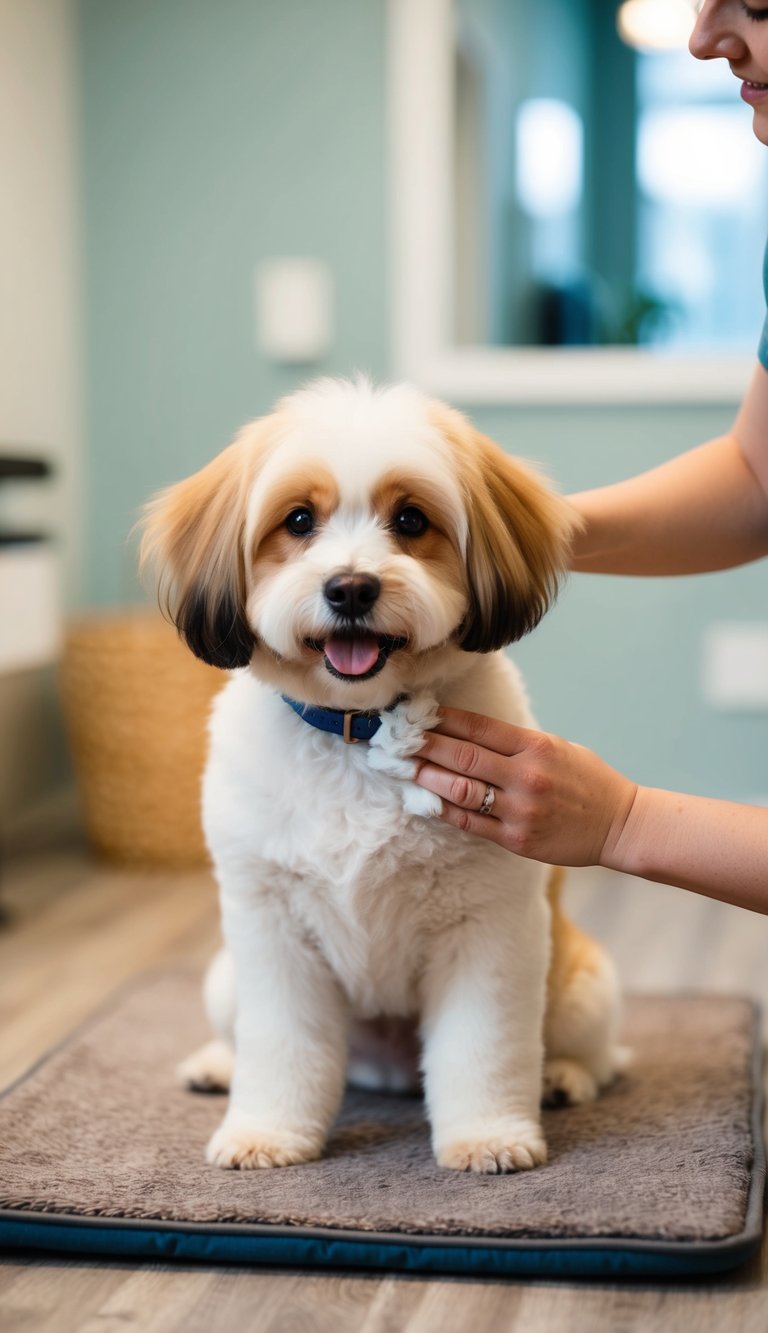 A dog with fluffy fur sits on a cozy mat while its paw pads are being gently moisturized by a caring groomer