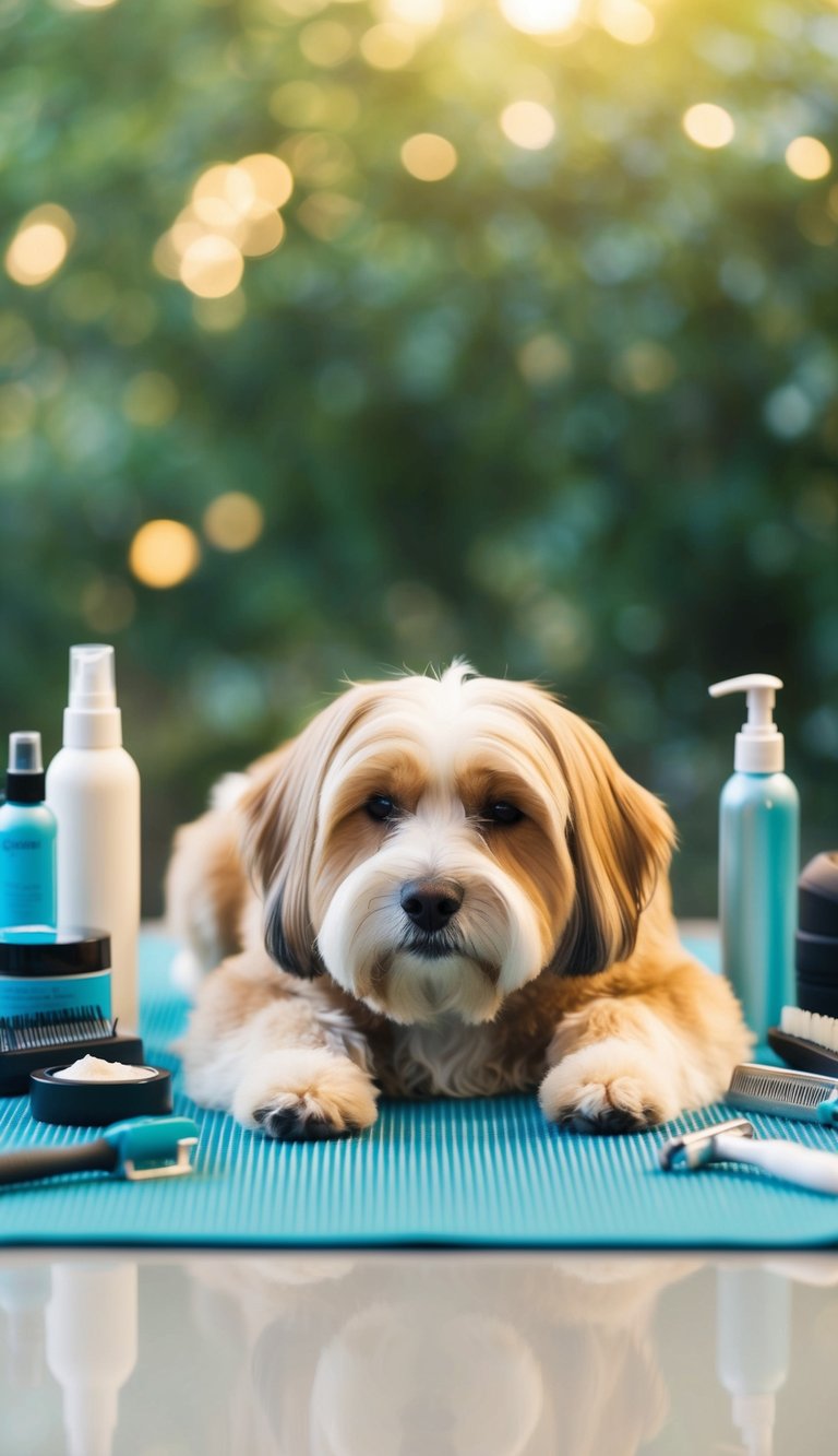 A groomed dog relaxing in a serene environment, surrounded by grooming tools and products