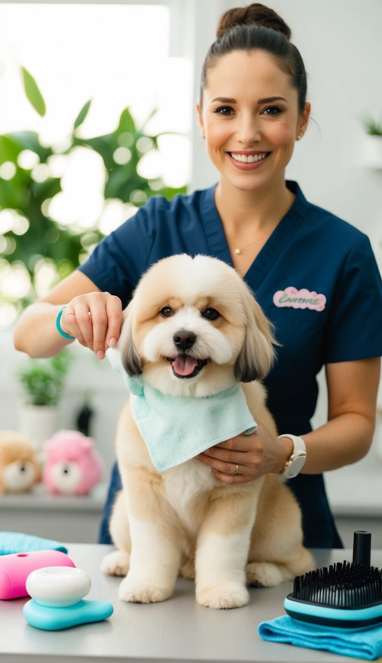 A fluffy dog sitting still while being gently wiped with grooming wipes, surrounded by cute grooming accessories and a happy, smiling groomer