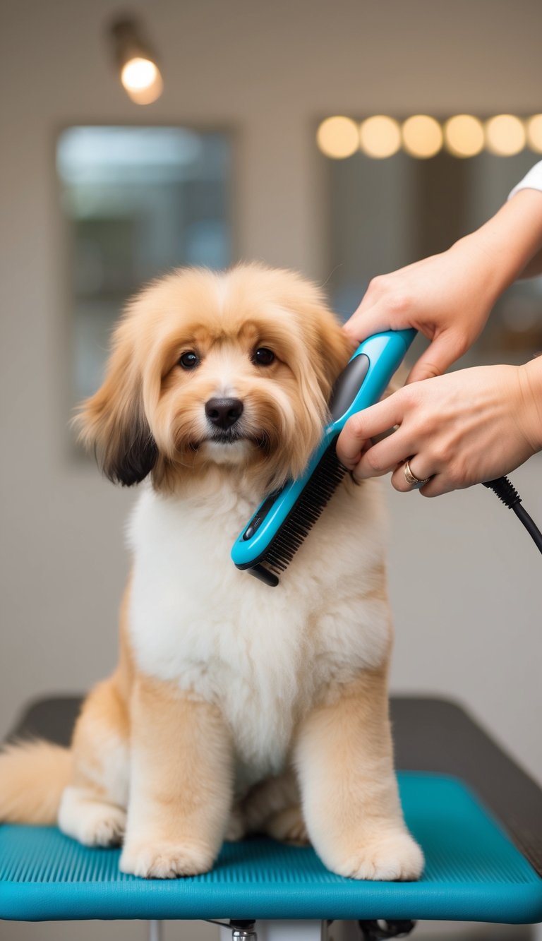 A fluffy dog sits calmly on a grooming table as a hand uses a slicker brush to gently groom its fur, creating a peaceful and adorable grooming session