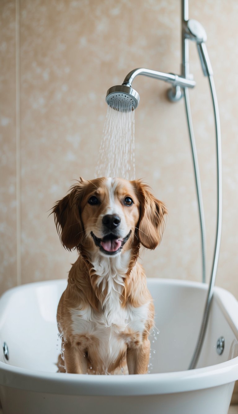 A cute dog stands in a bathtub, enjoying a shower from a handheld showerhead. The water cascades over its fur, creating a fluffy and clean appearance