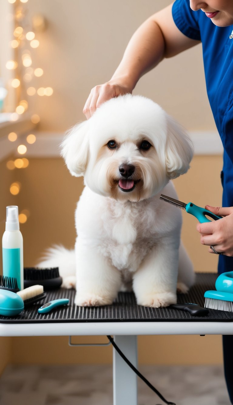 A fluffy white dog sits on a grooming table, surrounded by brushes, combs, and grooming products. A person is gently trimming the dog's fur