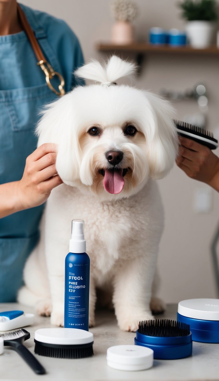 A fluffy white dog being groomed with hypoallergenic products, surrounded by cute grooming accessories and tools