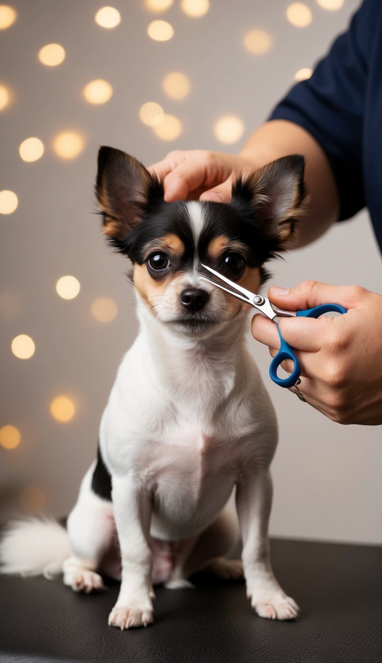 A small dog sitting calmly as a groomer carefully trims the fur around its eyes with scissors