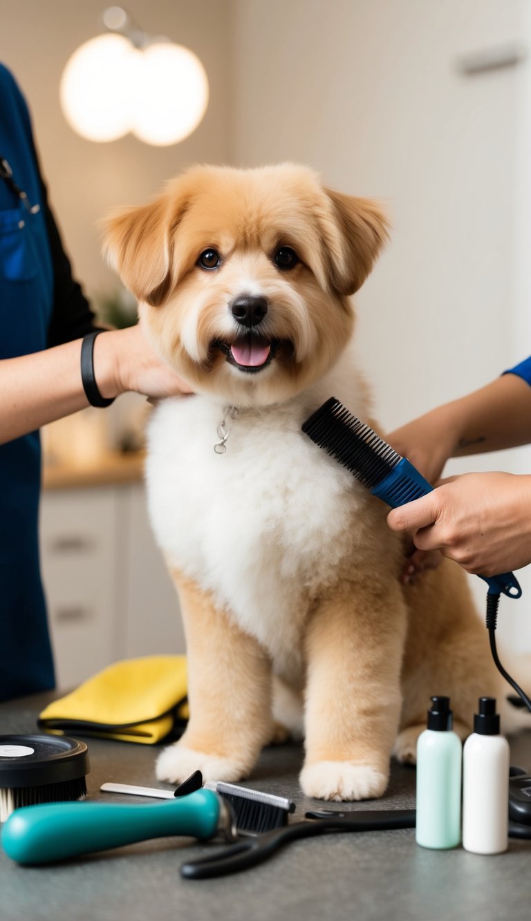 A fluffy dog being groomed with attention to undercoat, surrounded by grooming tools and products