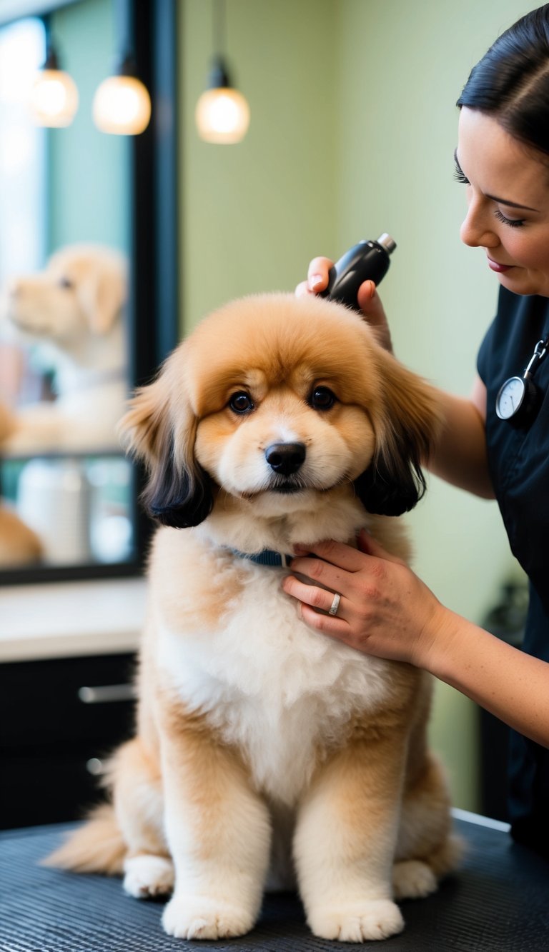 A fluffy dog sitting calmly while being checked for dry skin by a groomer
