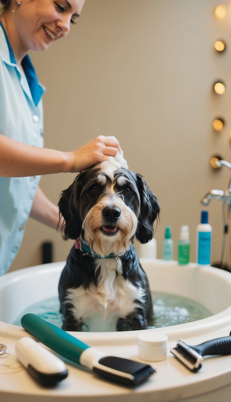 A dog being bathed in a warm and gentle water, surrounded by grooming tools and products