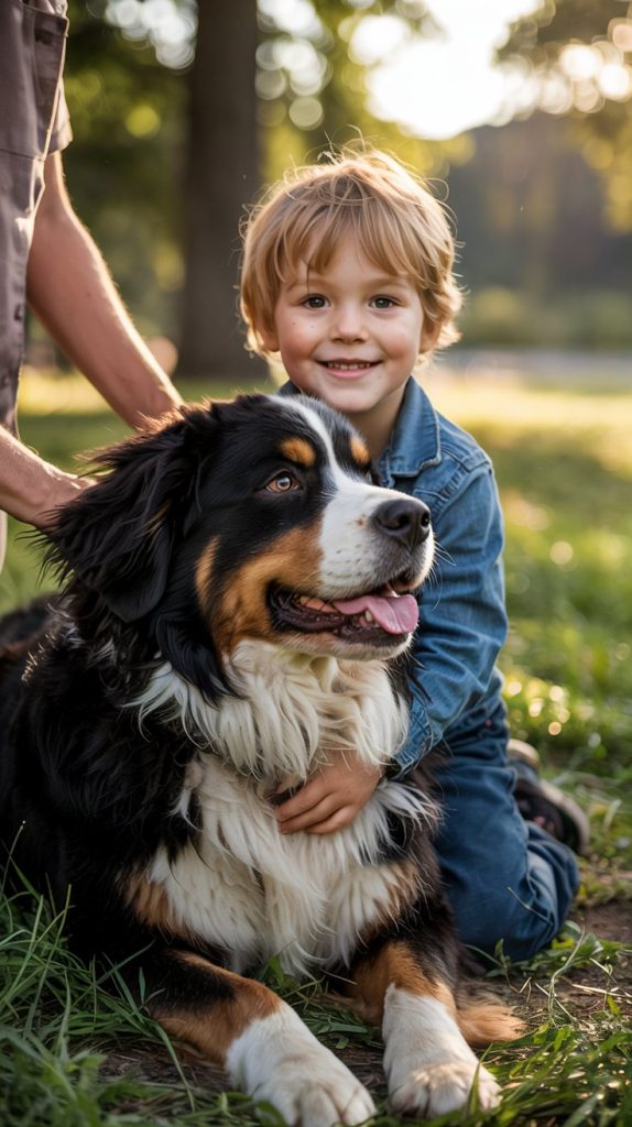 A Bernese Mountain Dog lying beside a child, gazing up with adoring eyes, while another family member pets the dog's soft fur