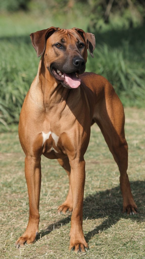 A majestic Thai Ridgeback stands proudly on a lush green hill, with its distinctive ridged back and sleek coat catching the sunlight