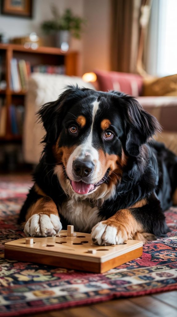 A Bernese Mountain dog playing puzzle game