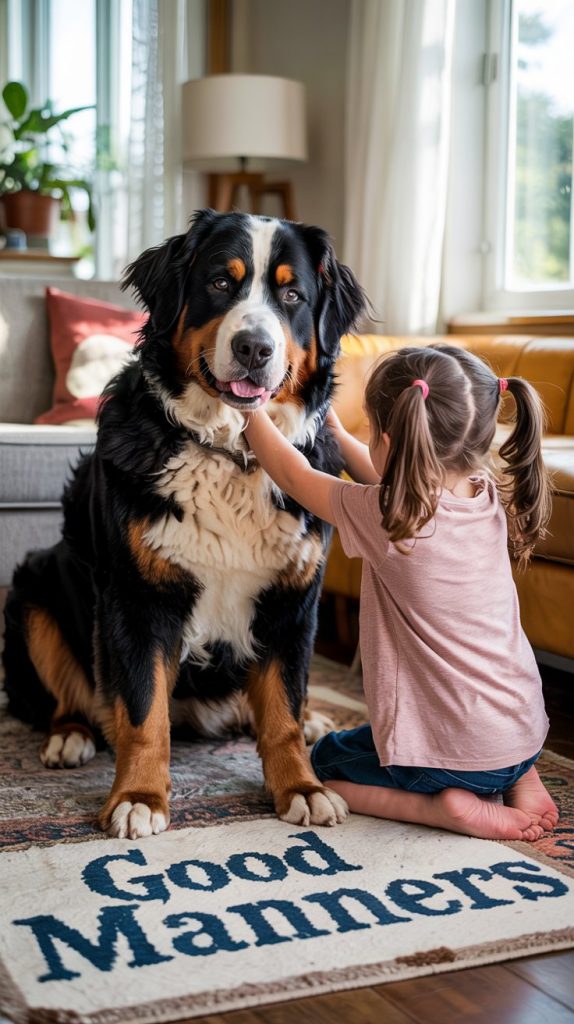 little girl playing with bernese mountain dog