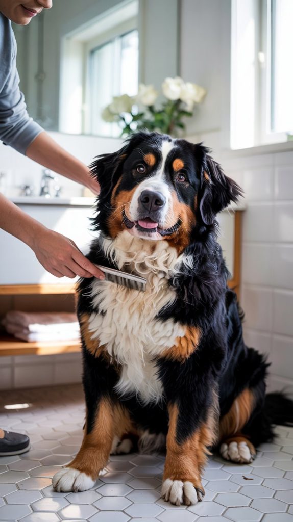 A Bernese Mountain Dog being blow-dried and combed to achieve a fluffy coat